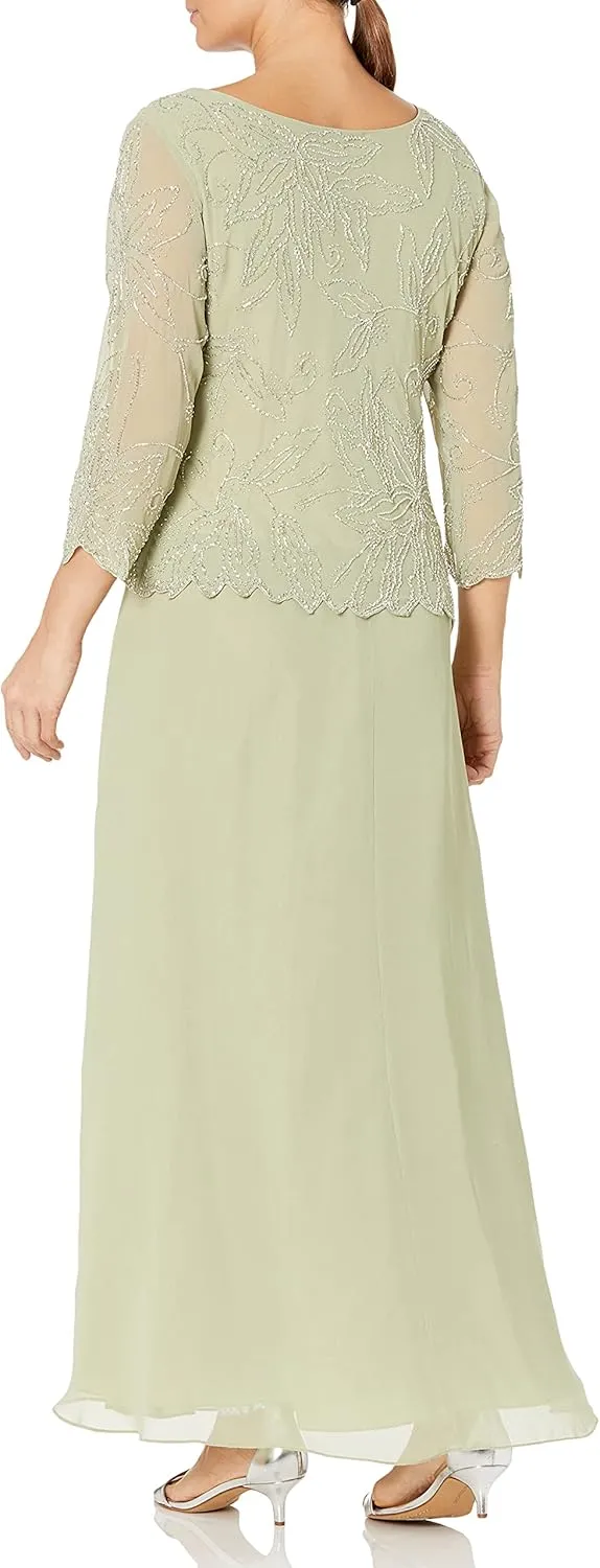 J Kara Women's Petite 3/4 Floral Beaded Pop Over Gown