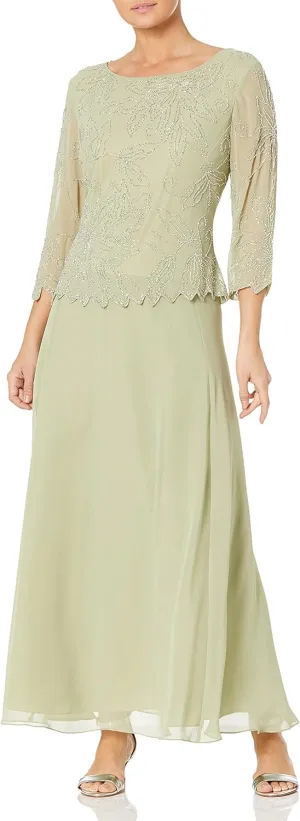 J Kara Women's Petite 3/4 Floral Beaded Pop Over Gown