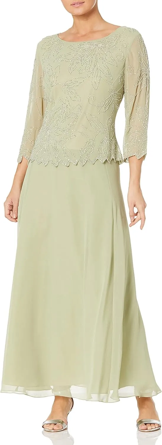 J Kara Women's Petite 3/4 Floral Beaded Pop Over Gown