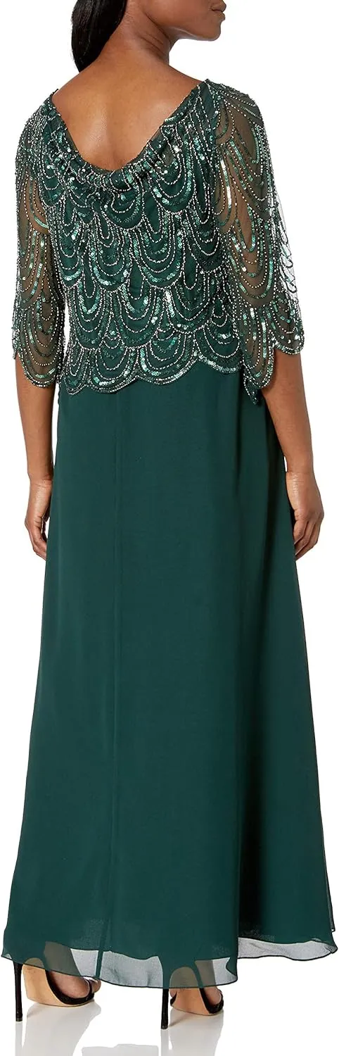 J Kara Women's Petite 3/4 Scallop Beaded Pop Over Gown