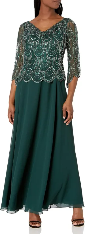 J Kara Women's Petite 3/4 Scallop Beaded Pop Over Gown