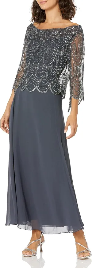 J Kara Women's Petite 3/4 Scallop Beaded Pop Over Gown