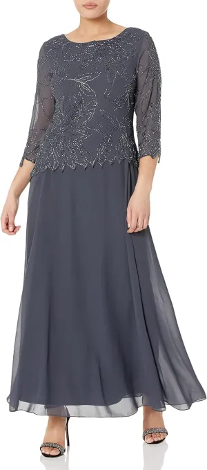 J Kara Women's Petite 3/4 Sleeve Long Beaded Floral Design Dress
