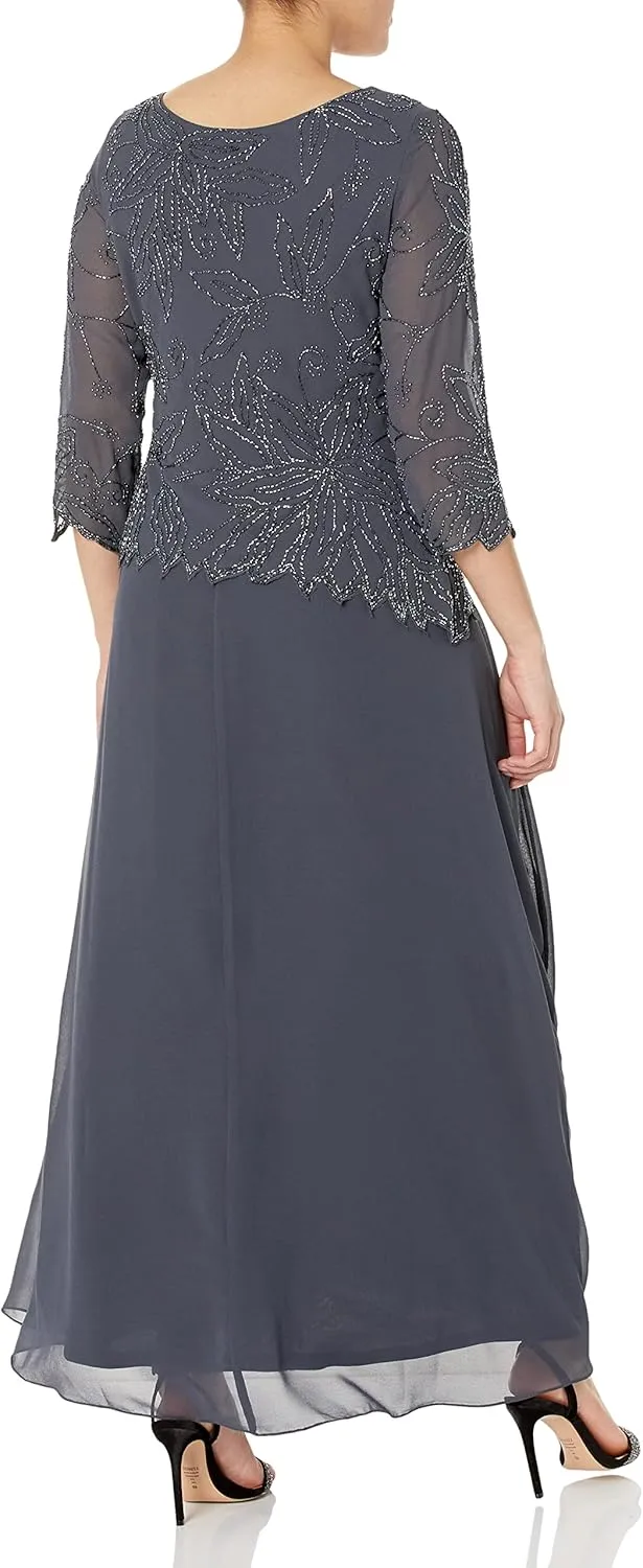 J Kara Women's Petite 3/4 Sleeve Long Beaded Floral Design Dress