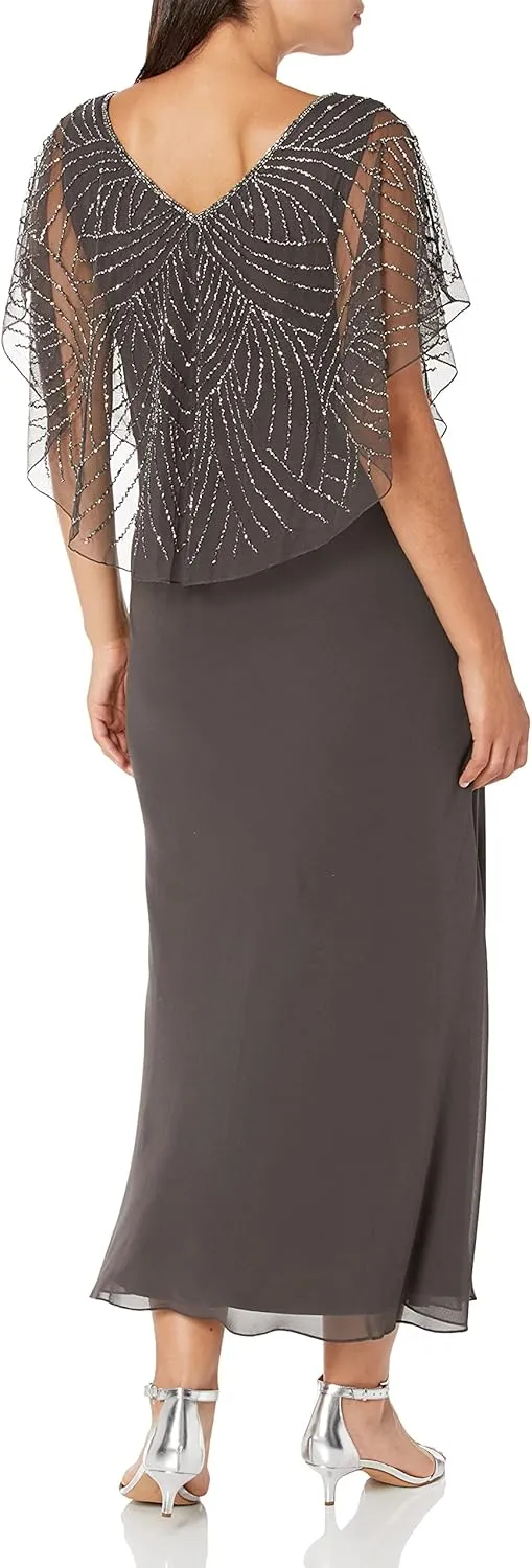 J Kara Women's Petite Beaded Capelet Long Dress