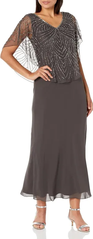 J Kara Women's Petite Beaded Capelet Long Dress