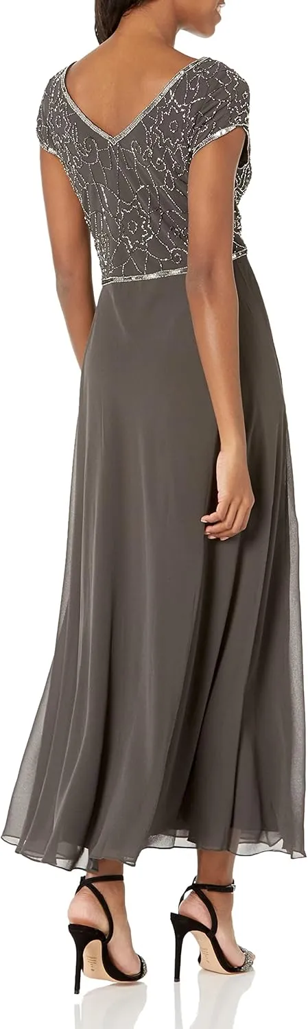 J Kara Women's Petite Cap Sleeve V-Neck Beaded Top Gown