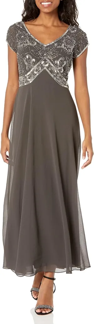 J Kara Women's Petite Cap Sleeve V-Neck Beaded Top Gown