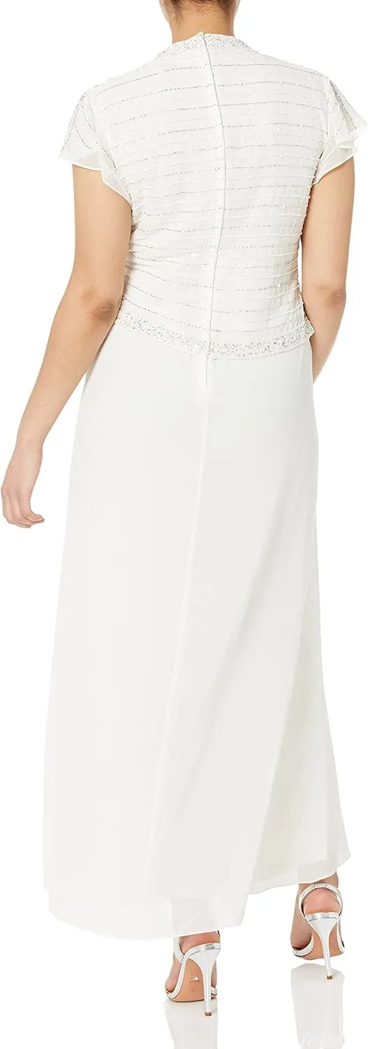J Kara Women's Petite Faux Wrap Long Dress W/Flutter Sleeve