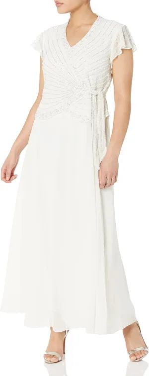 J Kara Women's Petite Faux Wrap Long Dress W/Flutter Sleeve