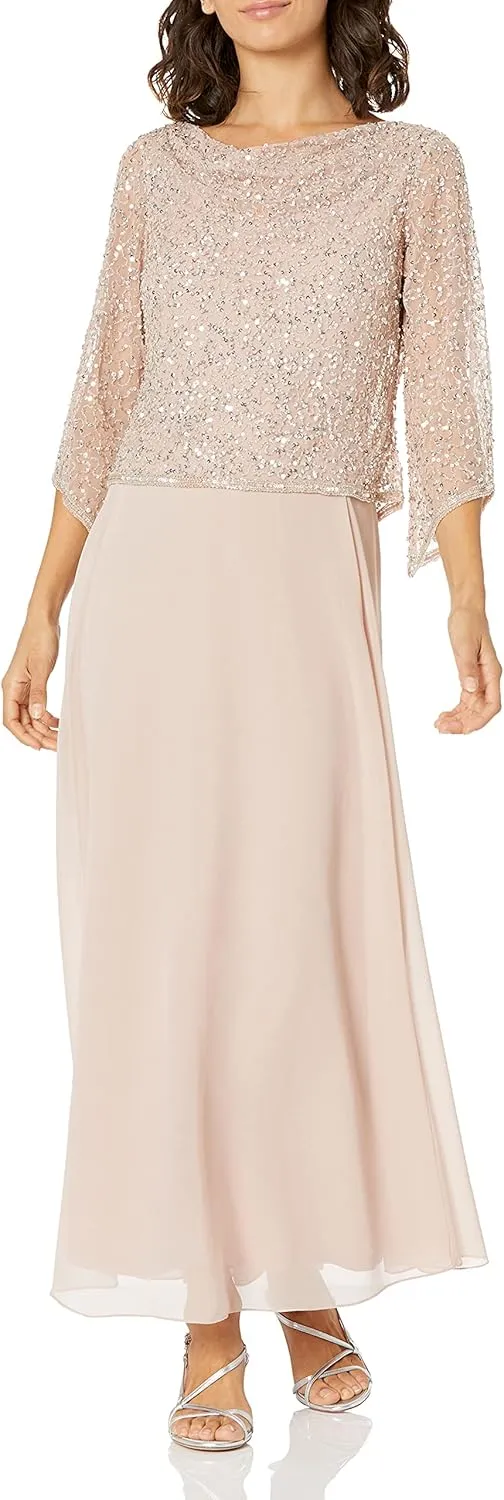 J Kara Women's Petite Long Beaded Dress with Cowl Neck