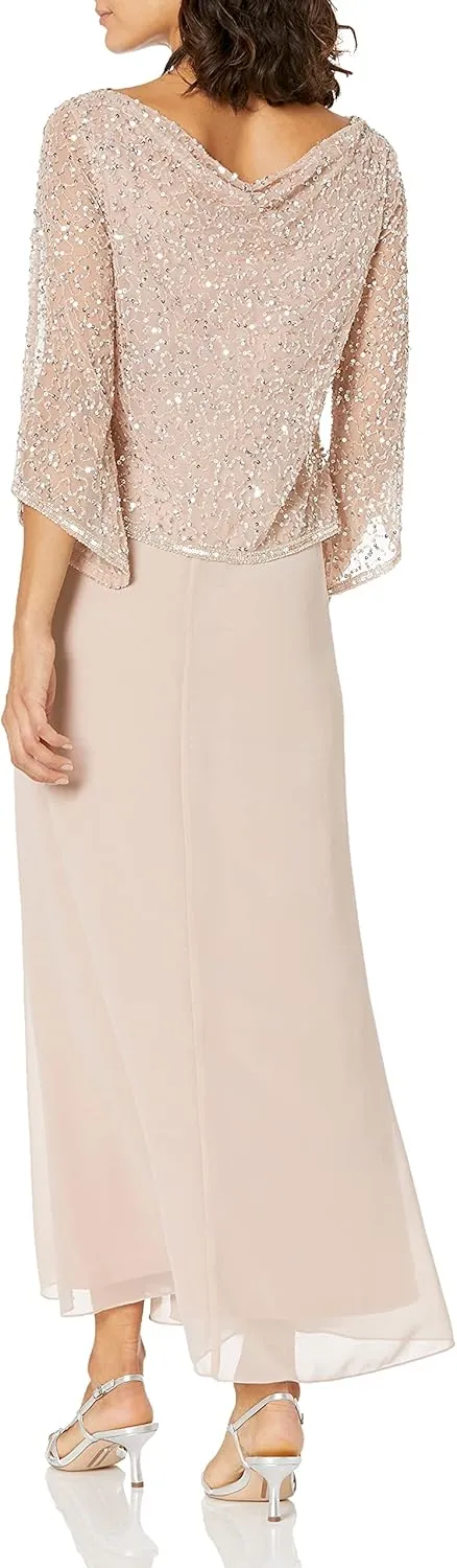 J Kara Women's Petite Long Beaded Dress with Cowl Neck