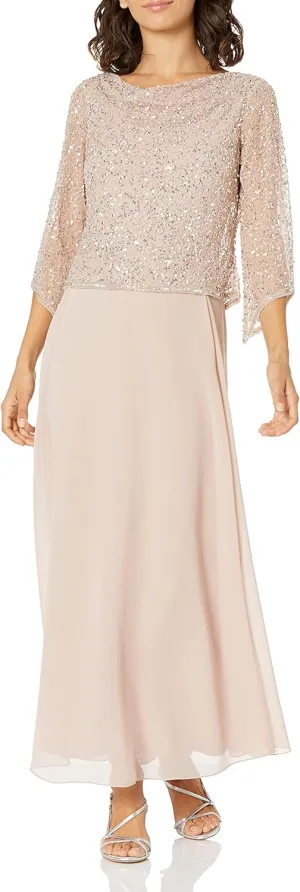 J Kara Women's Petite Long Beaded Dress with Cowl Neck