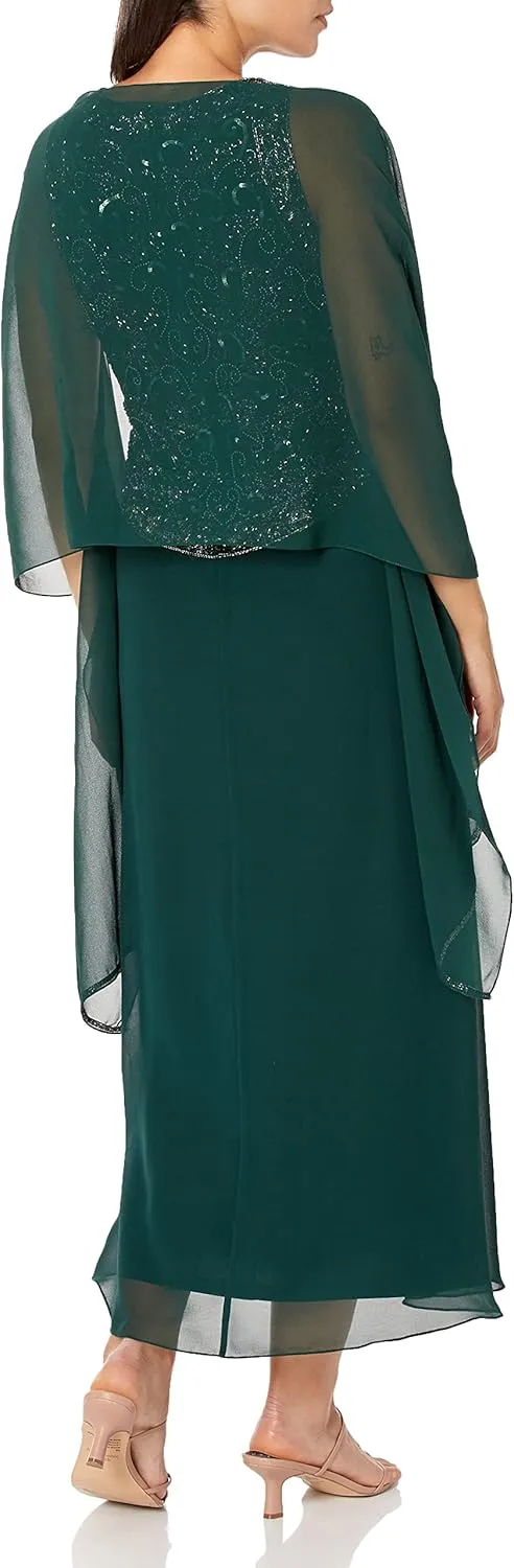 J Kara Women's Petite Long Beaded V Trim Detail Gown with Scarf