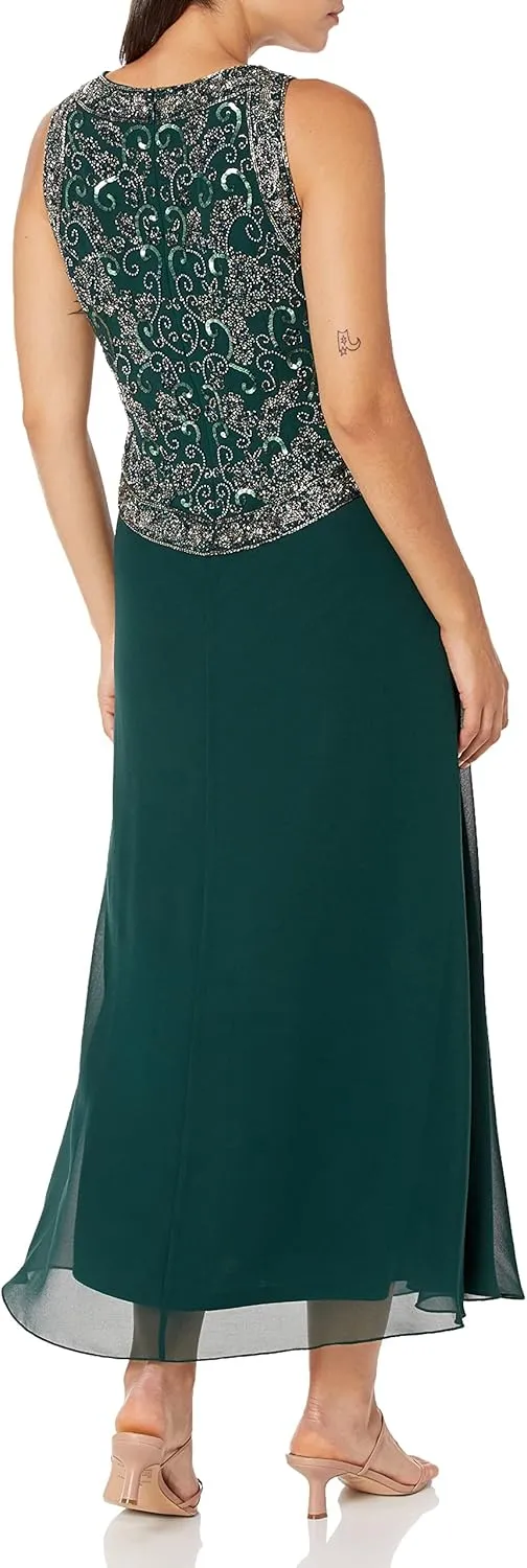 J Kara Women's Petite Long Beaded V Trim Detail Gown with Scarf
