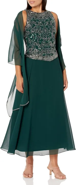 J Kara Women's Petite Long Beaded V Trim Detail Gown with Scarf