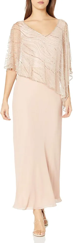 J Kara Women's Petite Pop Over Long Beaded Dress, Blush/Silver, 14P