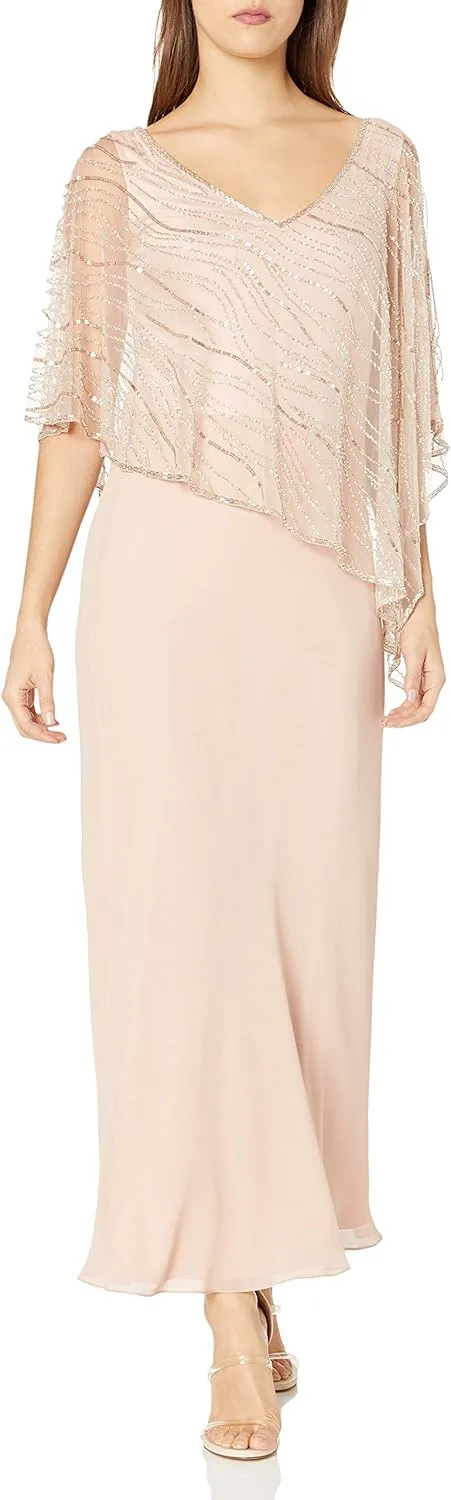J Kara Women's Petite Pop Over Long Beaded Dress, Blush/Silver, 14P