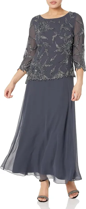 J Kara Women's Petite Scoop Neck Line with 3/4 Sleeve Beaded Top Long Dress