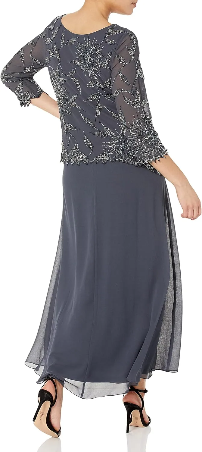 J Kara Women's Petite Scoop Neck Line with 3/4 Sleeve Beaded Top Long Dress