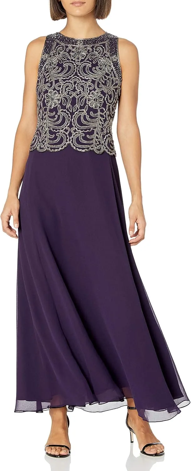 J Kara Women's Petite Sleeveless Scallop Long Beaded Dress W/Scarf