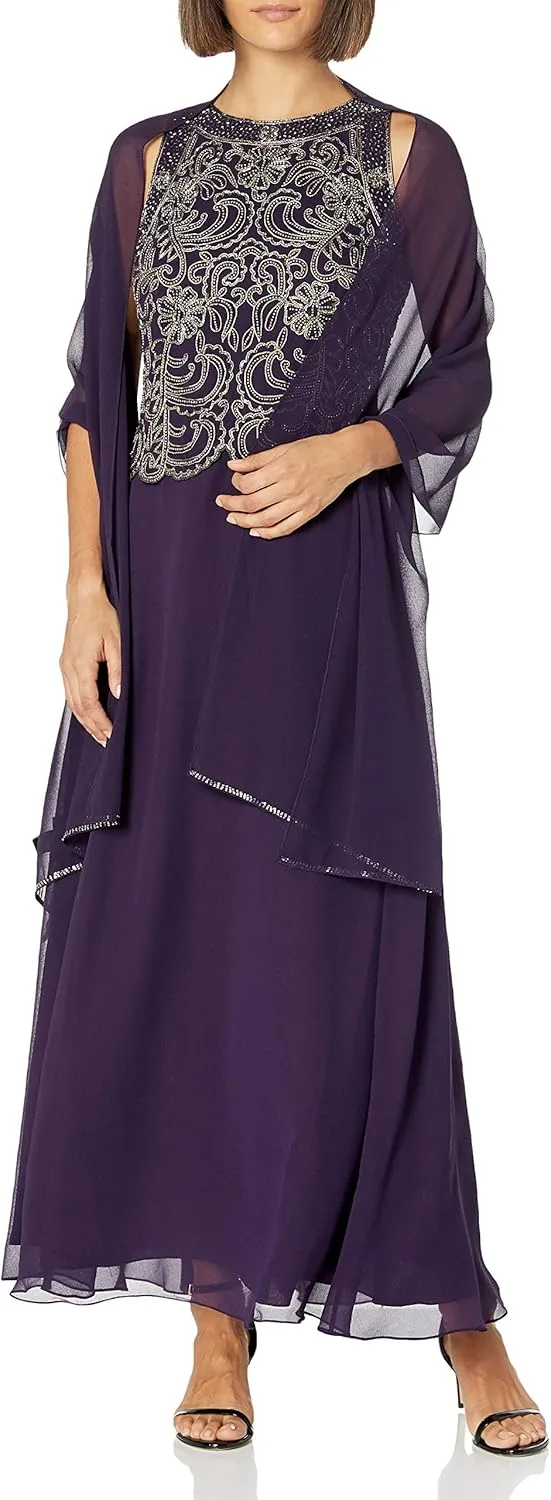 J Kara Women's Petite Sleeveless Scallop Long Beaded Dress W/Scarf
