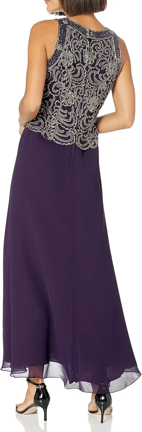 J Kara Women's Petite Sleeveless Scallop Long Beaded Dress W/Scarf
