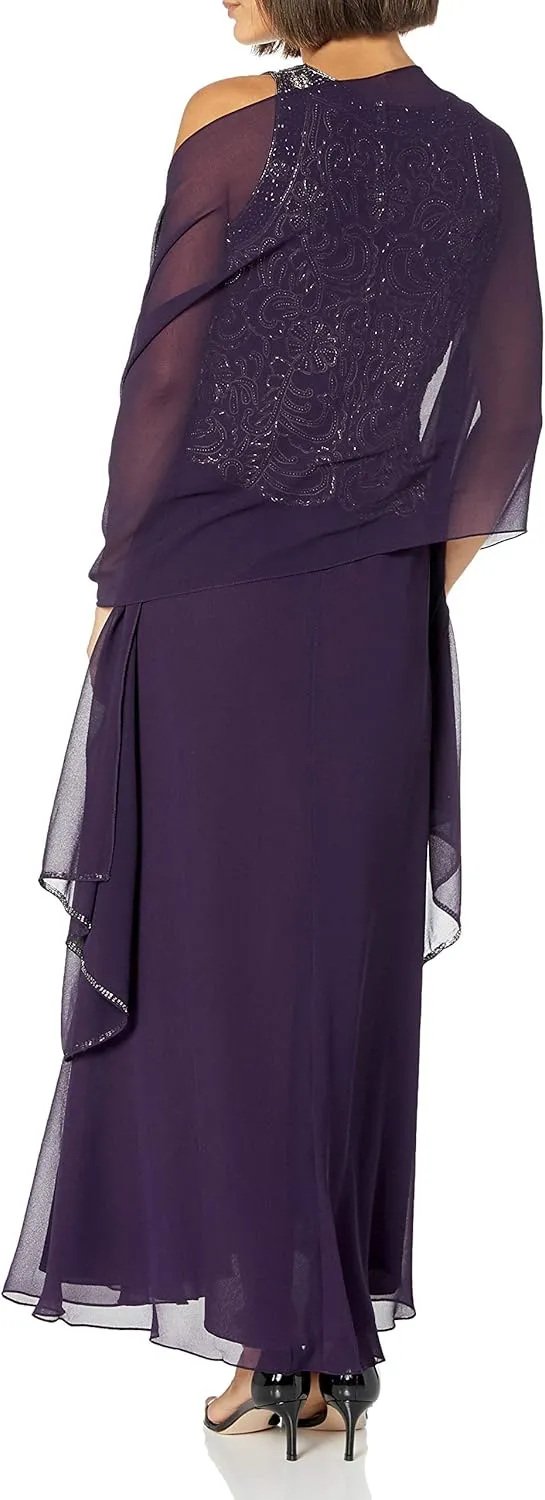 J Kara Women's Petite Sleeveless Scallop Long Beaded Dress W/Scarf