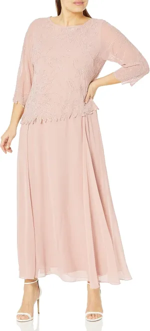 J Kara Women's Plus Size 3/4 Sleeve Long Beaded Floral Design Dress