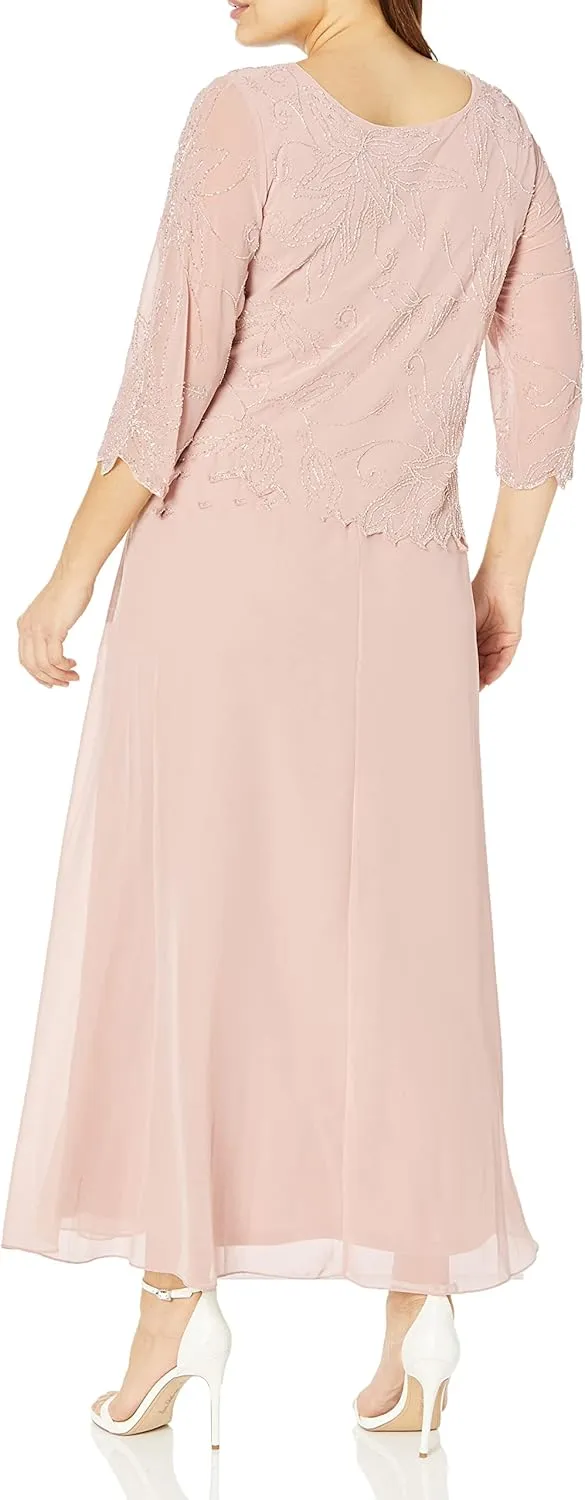 J Kara Women's Plus Size 3/4 Sleeve Long Beaded Floral Design Dress