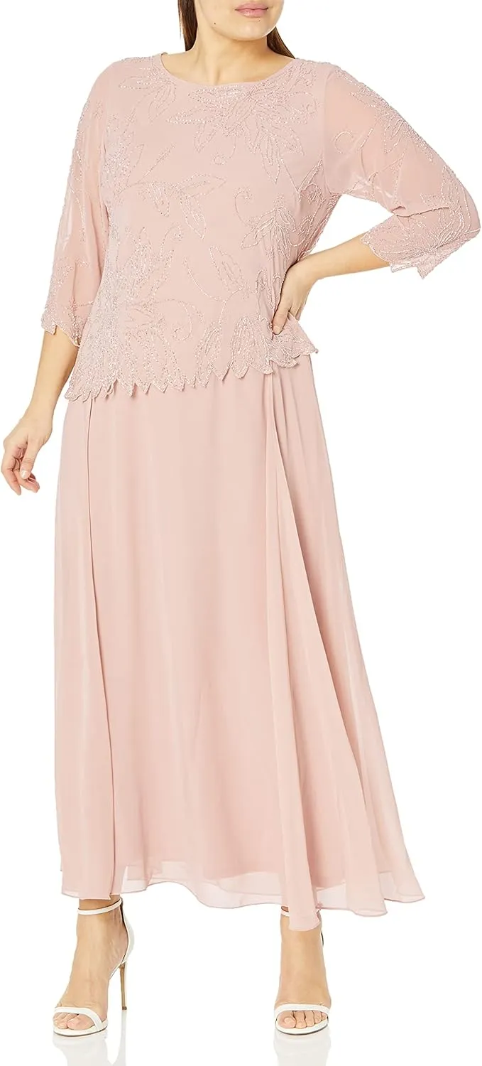 J Kara Women's Plus Size 3/4 Sleeve Long Beaded Floral Design Dress
