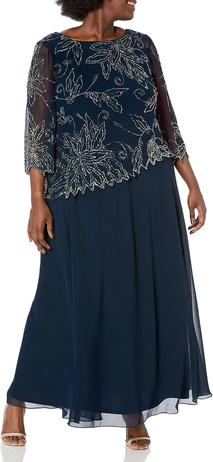 J Kara Women's Plus Size 3/4 Sleeve Scallop Edge Bodice Mock Flare Dress