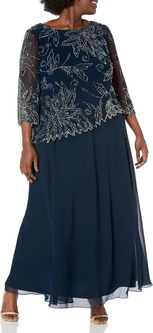 J Kara Women's Plus Size 3/4 Sleeve Scallop Edge Bodice Mock Flare Dress