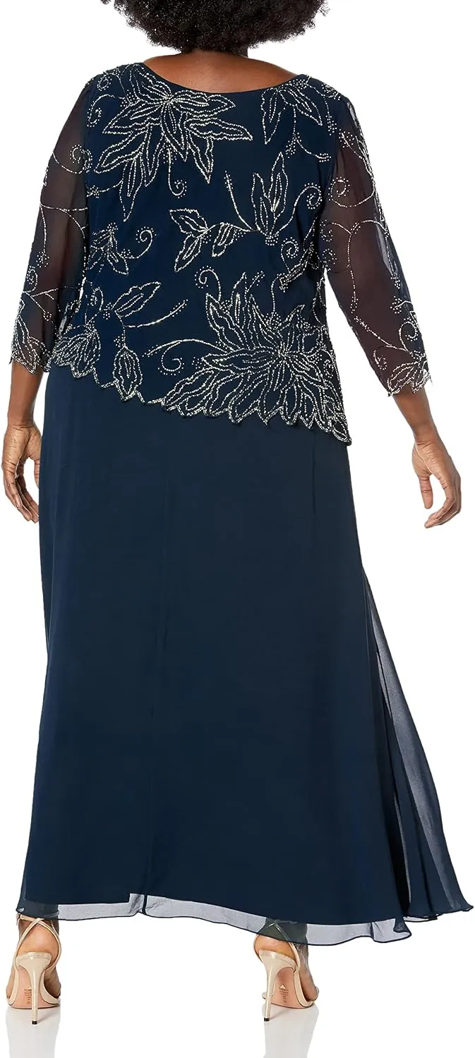 J Kara Women's Plus Size 3/4 Sleeve Scallop Edge Bodice Mock Flare Dress