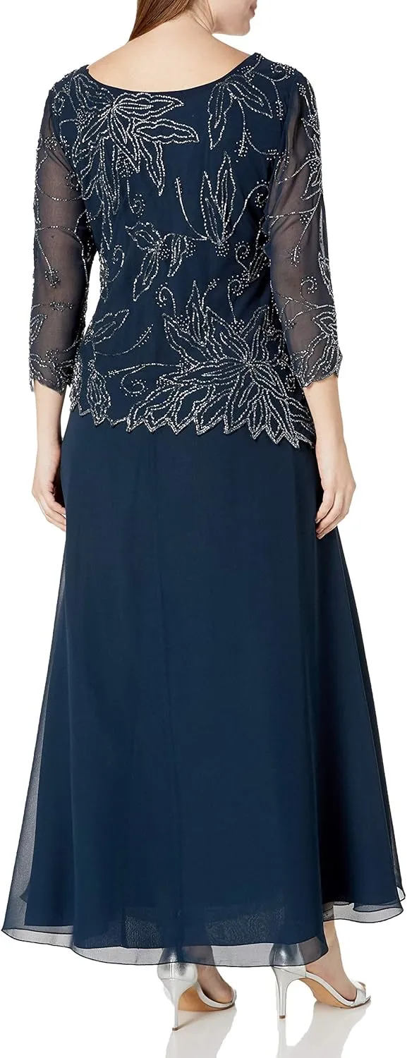 J Kara Women's Plus Size 3/4 Sleeve Scallop Edge Bodice Mock Flare Dress