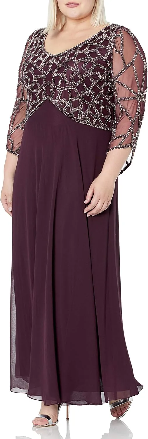 J Kara Women's Plus Size 3/4 Sleeve V-Neck Geometrical Beaded Long Dress