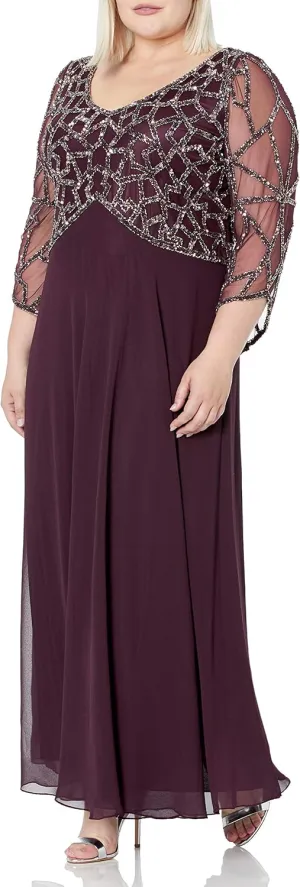 J Kara Women's Plus Size 3/4 Sleeve V-Neck Geometrical Beaded Long Dress