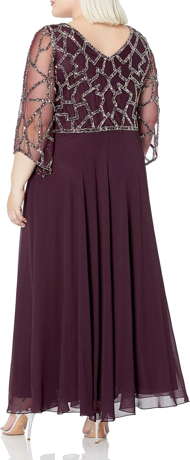 J Kara Women's Plus Size 3/4 Sleeve V-Neck Geometrical Beaded Long Dress