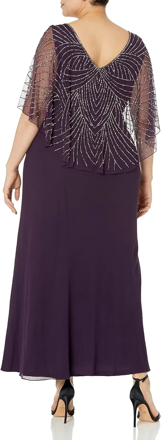J Kara Women's Plus Size Beaded Capelet Long Dress