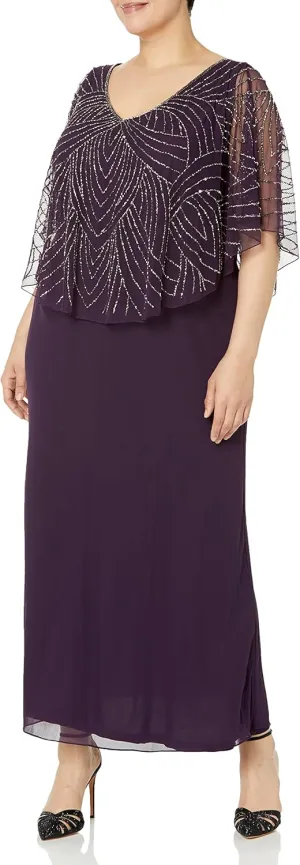 J Kara Women's Plus Size Beaded Capelet Long Dress