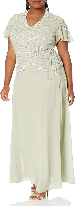 J Kara Women's Plus Size Beaded Flutter Sleeve Dress
