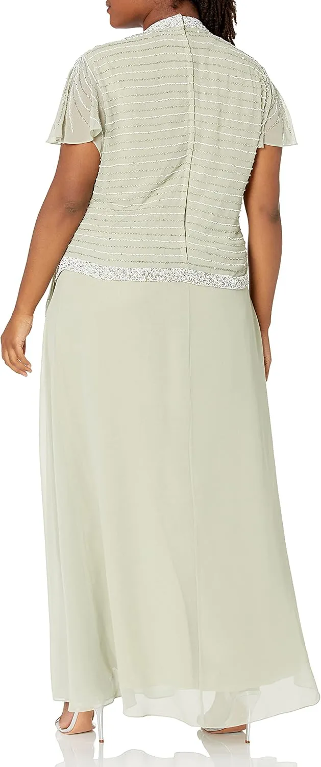 J Kara Women's Plus Size Beaded Flutter Sleeve Dress