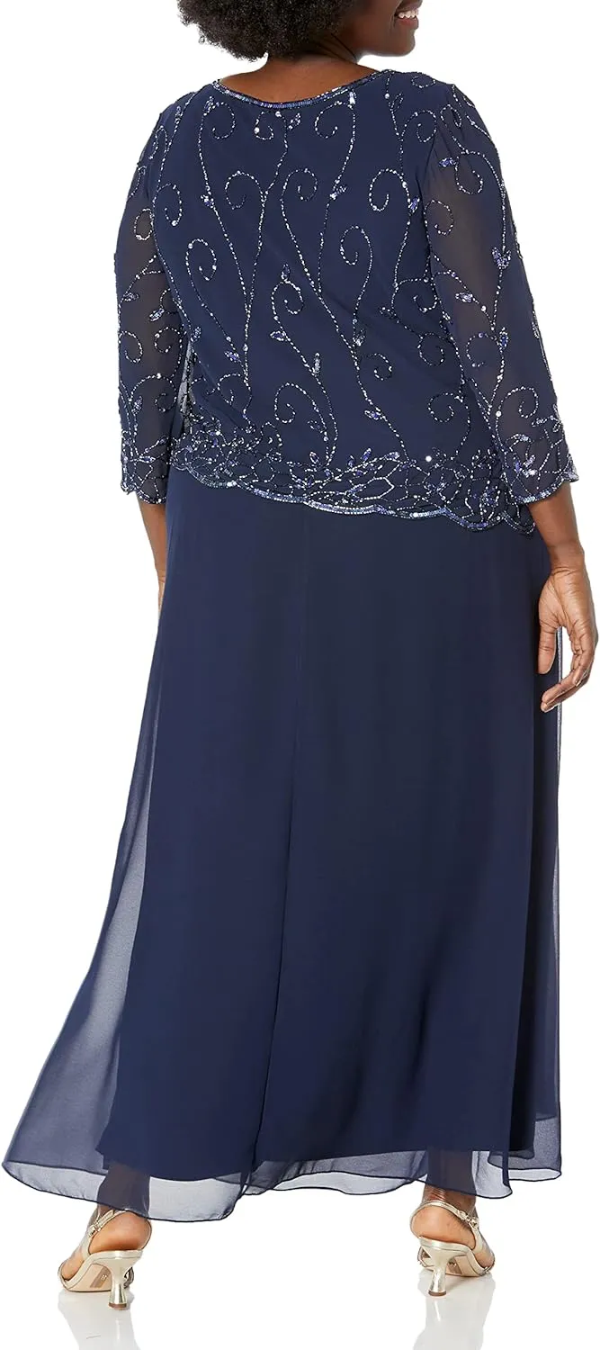 J Kara Women's Plus Size Beaded Scallop Bodice Asymmetrical Gown