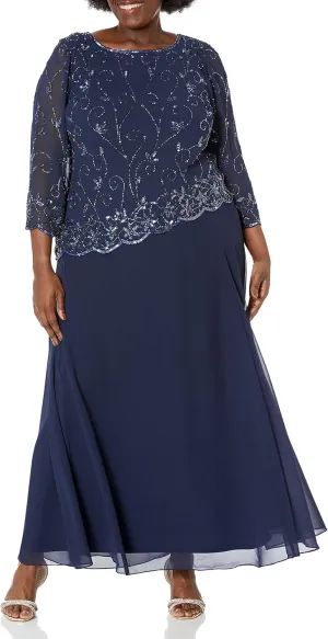 J Kara Women's Plus Size Beaded Scallop Bodice Asymmetrical Gown