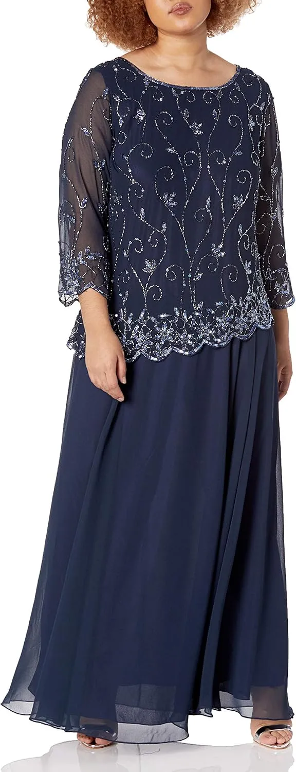 J Kara Women's Plus Size Beaded Scallop Bodice Asymmetrical Gown