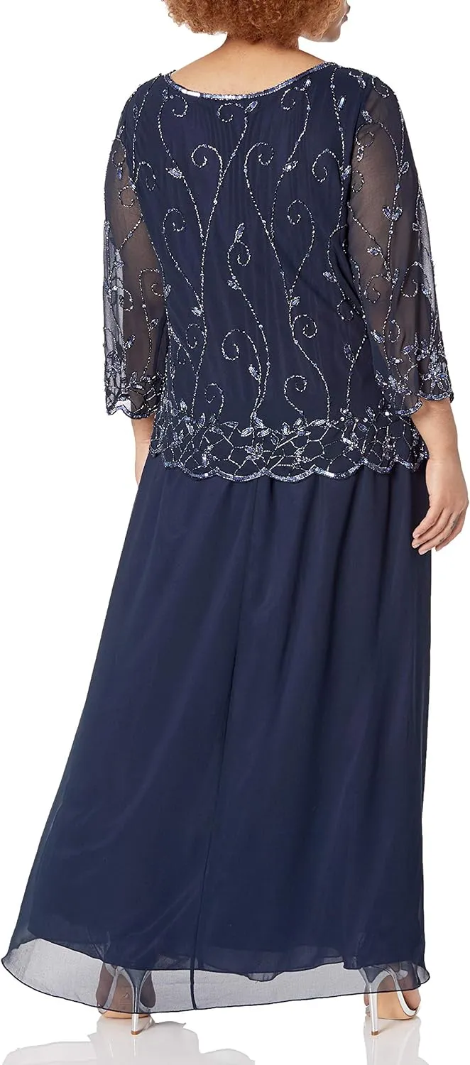 J Kara Women's Plus Size Beaded Scallop Bodice Asymmetrical Gown