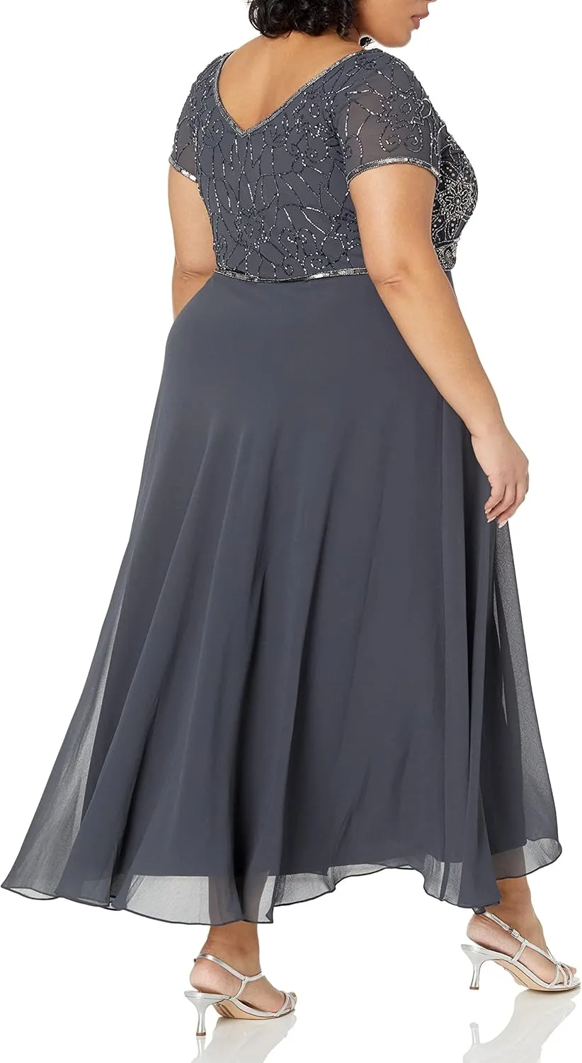 J Kara Women's Plus Size Cap Sleeve V-Neck Beaded Top Gown