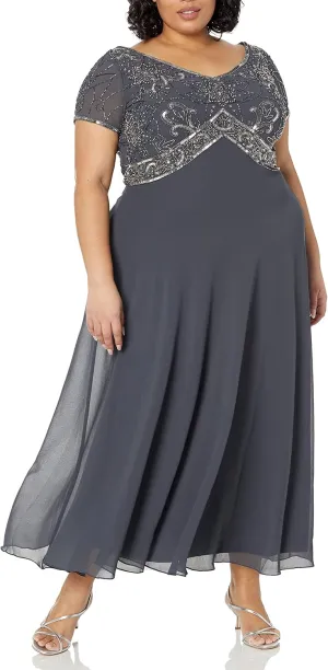 J Kara Women's Plus Size Cap Sleeve V-Neck Beaded Top Gown