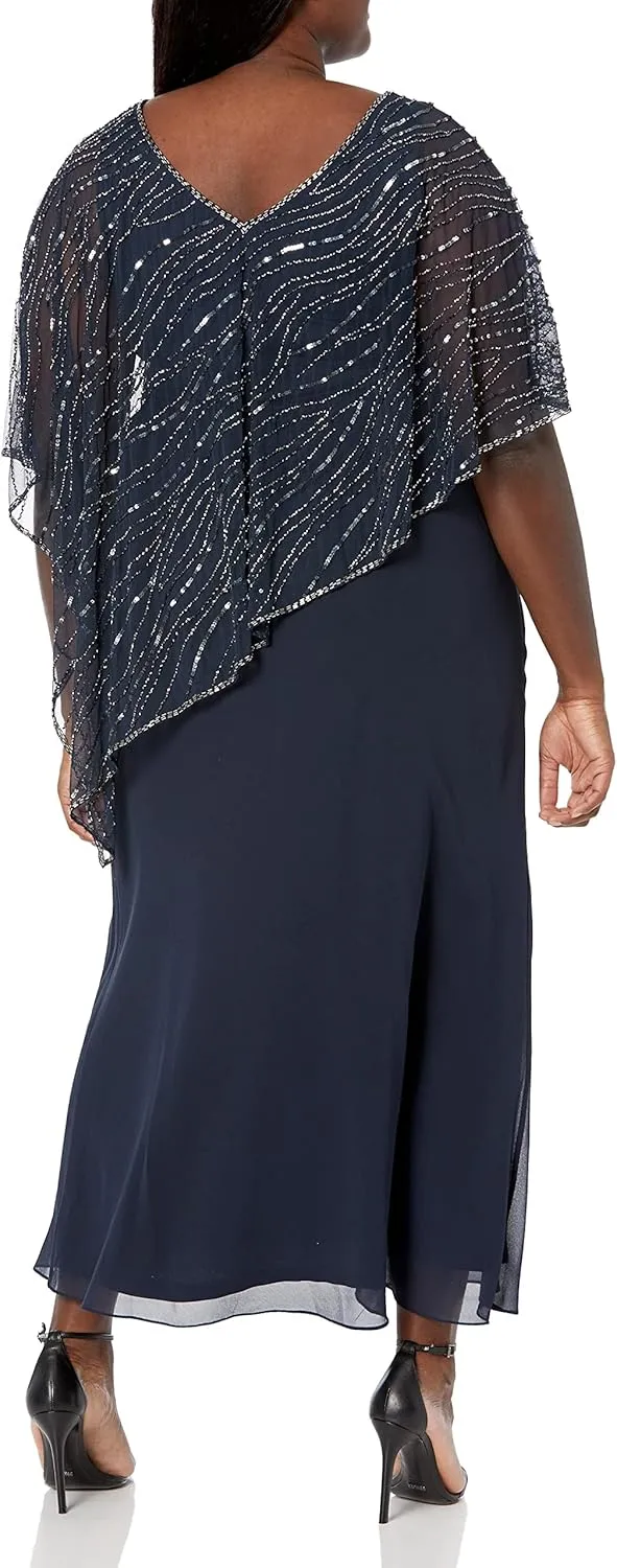 J Kara Women's Plus Size Capelet Long Beaded Dress