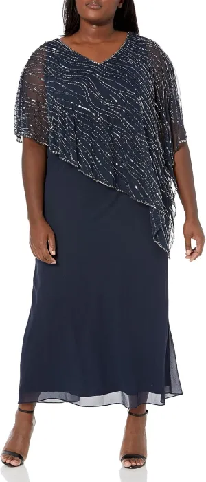 J Kara Women's Plus Size Capelet Long Beaded Dress